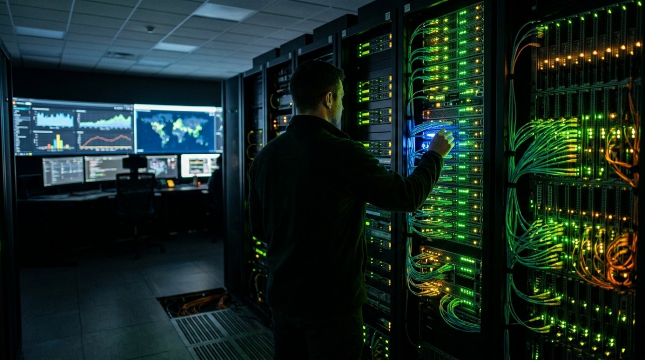 Cybersecurity engineer inspecting server racks in modern data center