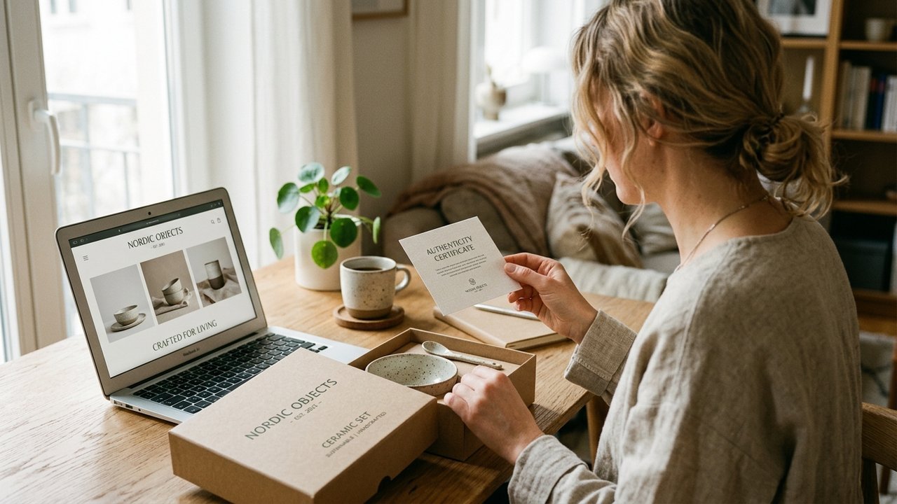 Customer unboxing premium product and verifying brand authenticity on laptop storefront