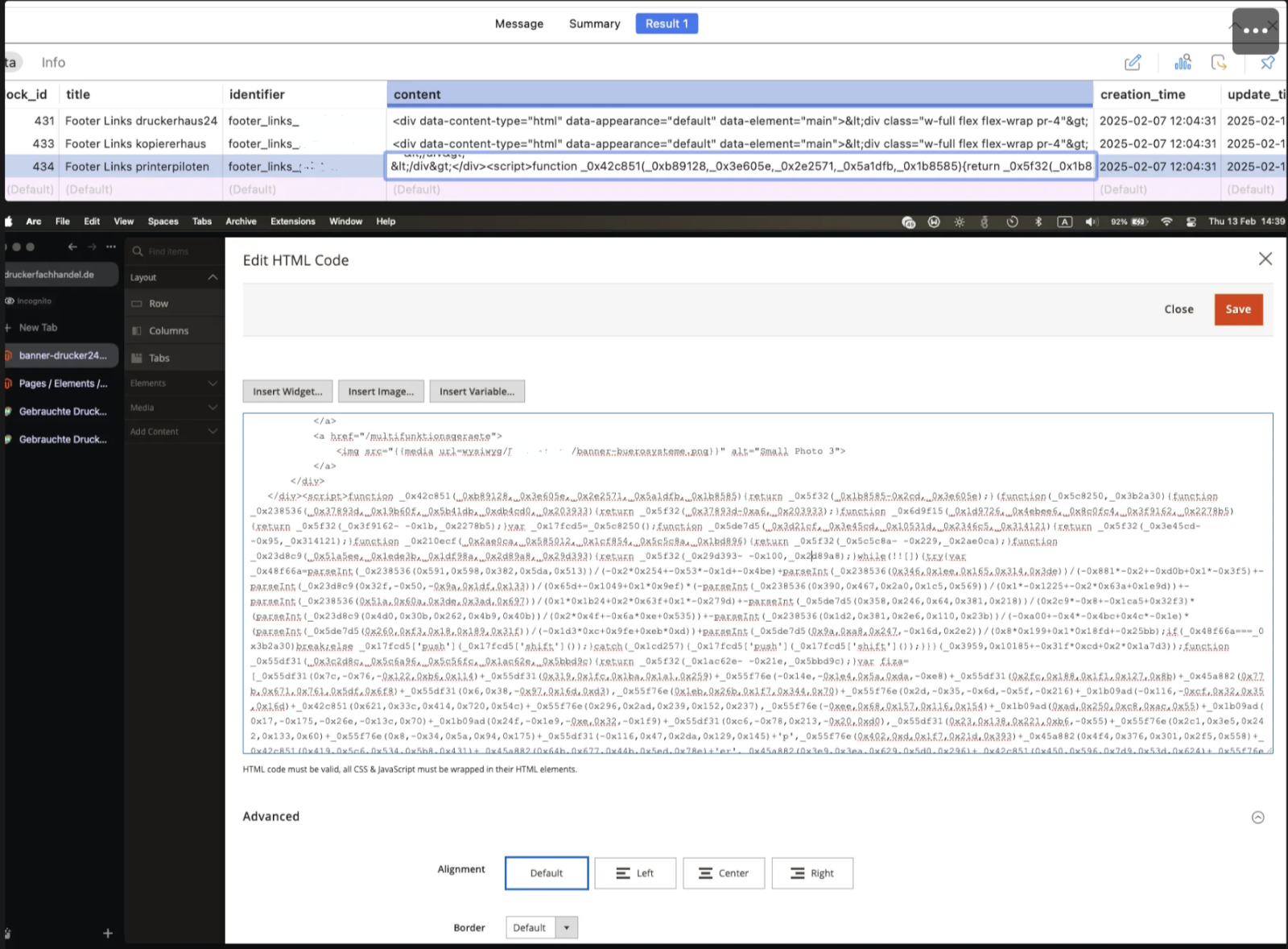 CMS Block showing injected malicious code
