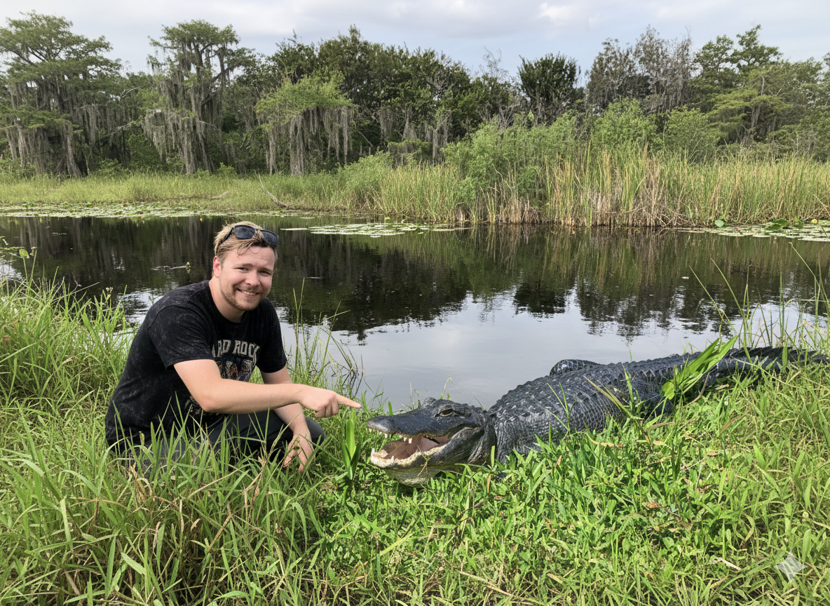 Oskars Tuns posing next to an alligator in the Florida Everglades during Meet Magento Florida 2026
